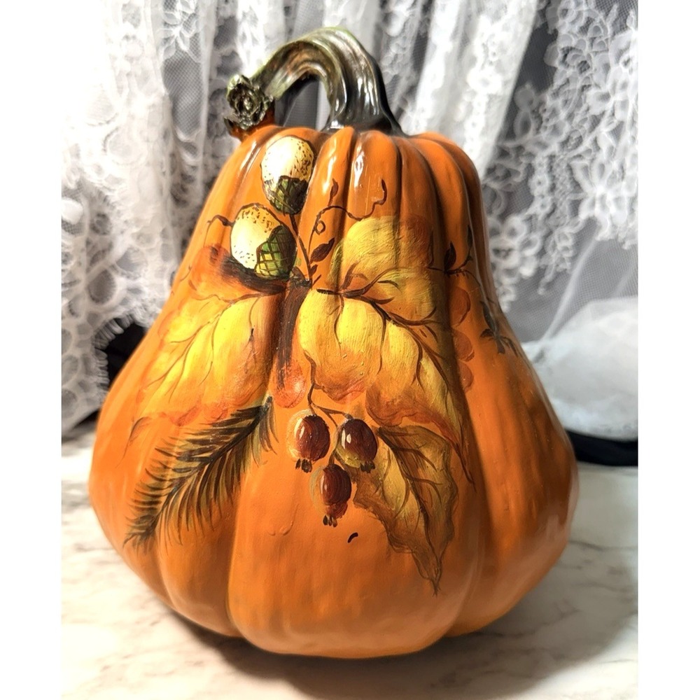 Hand Painted Pumpkin Autumn Acorn Leaves & Berries 8" T x 7.5"W (P2940)